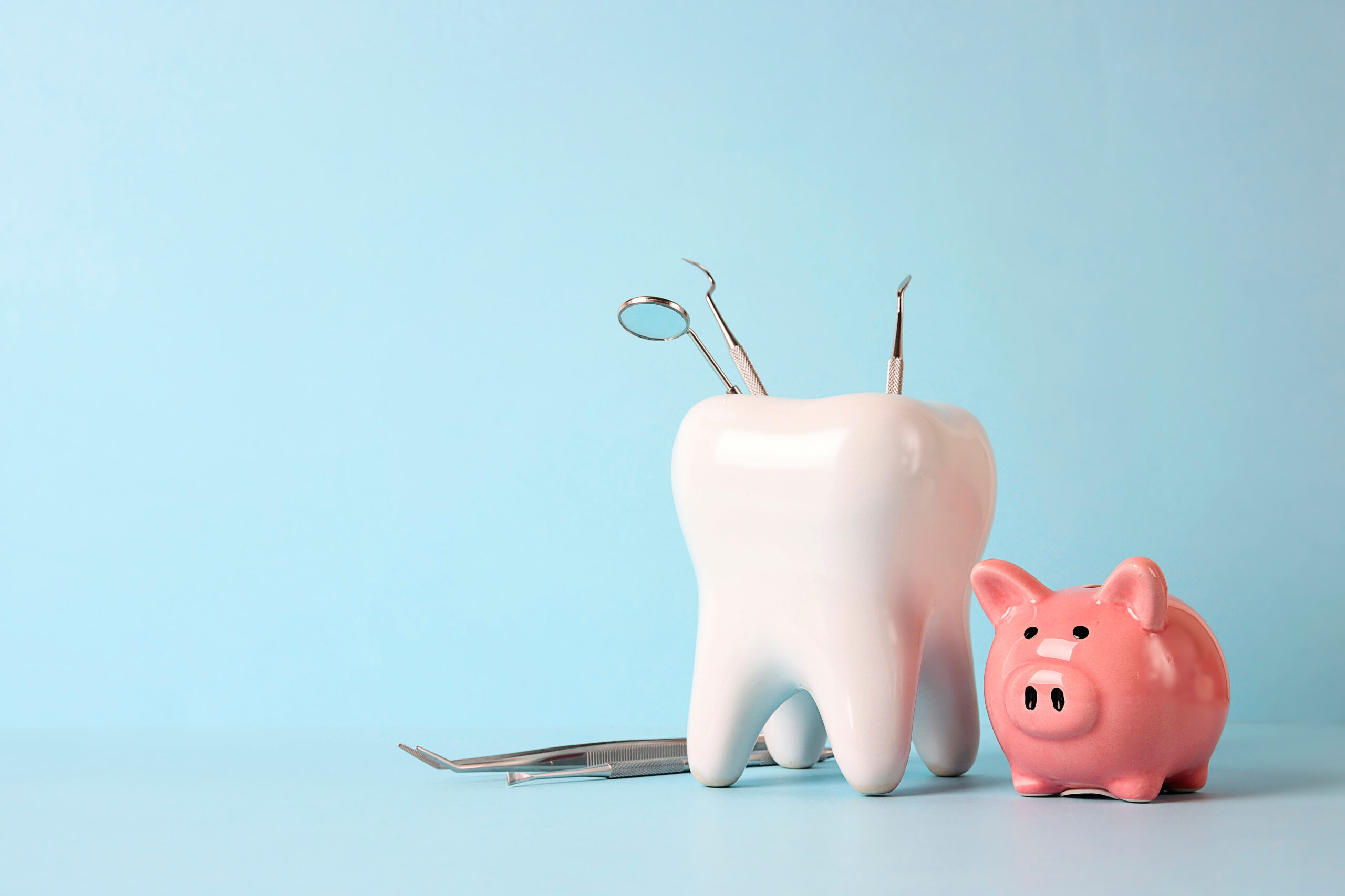 歯の模型の中に入った歯科用器具と豚の貯金箱